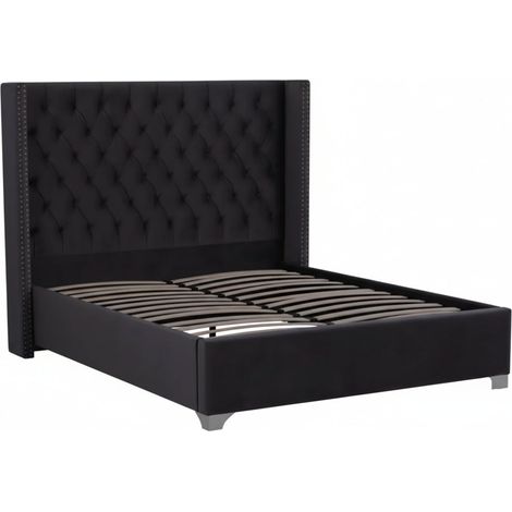 Lit double 180x200 cm velours noir tête capitonnée sommier inclus PRINCESSE (1/4)