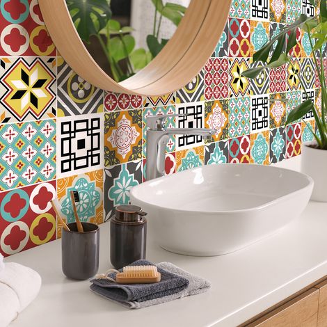 Sticker Mural Carrelage adhésif Cuisine Salle de Bain - 9 STICKERS CARREAUX DE CIMENT BRIGITNIA - 9stickers10x10cm (1/5)