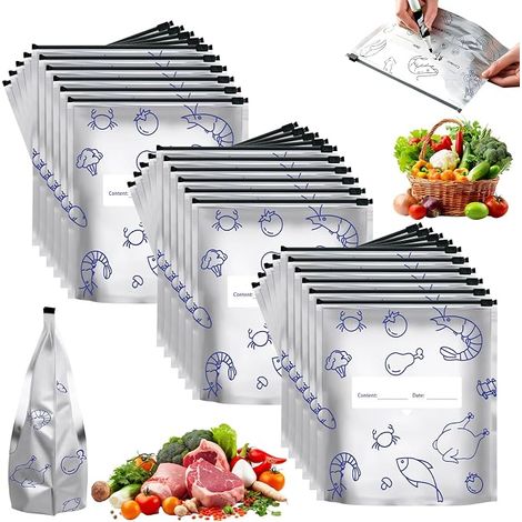 30 Sacs de Rangement Réutilisables en Feuille d'Aluminium Scellables, Sachets Sous Vide Refermables pour Aliments, avec Étiquette et Fermeture à Glissière pour Légumes (Grand) (1/4)