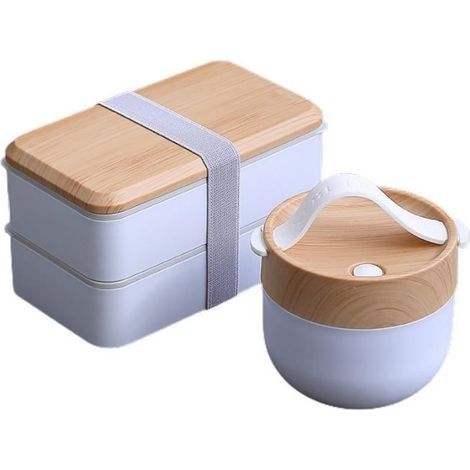 (Weiß-Schwarz+Weiß) Lunchbox 1,4 l + 0,6 l, japanisches Bento-Design, isolierte Lunchbox, doppelwandiger Behälter zur Zubereitung von Mahlzeiten – Weiß (1/4)