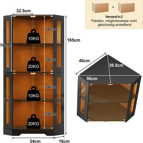 Vitrine, éclairage led, éléments en verre, 60 x 60 x 165 cm, verre et MDF, noir (1/5)