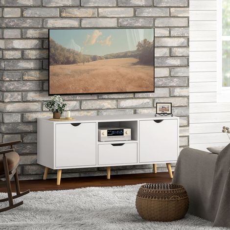 Moderner TV-Ständer für Fernseher bis 50 Zoll mit Schublade, offenem Fach und zwei Schränken, 5 Beine aus Kiefernholz, 110 x 40 x 50 cm, Weiß