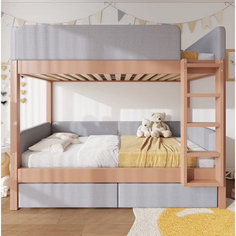 Etagenbett Kinder modern Holz Grau/Natur 90x200 cm mit gerader 4-Stufen-Treppe, 2 Schubladen und gepolstertem Kopfteil (1/5)