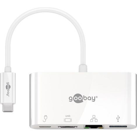 Adattatore multiporta USB-C™ a HDMI™ e Ethernet, PD, bianco, estende una porta USB-C™ con una presa Ethernet, HDMI™ e USB-A (USB 3.0). (1/5)