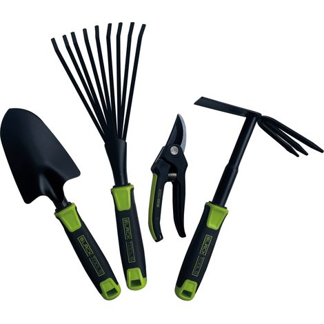 Garden Kit d'outils de jardinage 4 pièces Truelle, houe, sécateur, balai à lamelles Kit optimal pour le petit jardin ou le balcon Jardin, bac, jardinières, parterres de balcon (1/5)