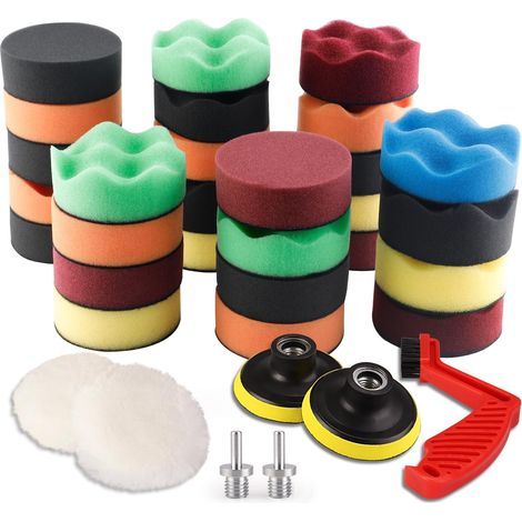 34Pcs Éponge De Polissage Auto Polisseuse Voiture Kit avec M14 Drill Kit d'Adaptateur + Disque de Polissage + Brosse De Nettoyage pour RO/DA Double Action Polisseuse (1/4)