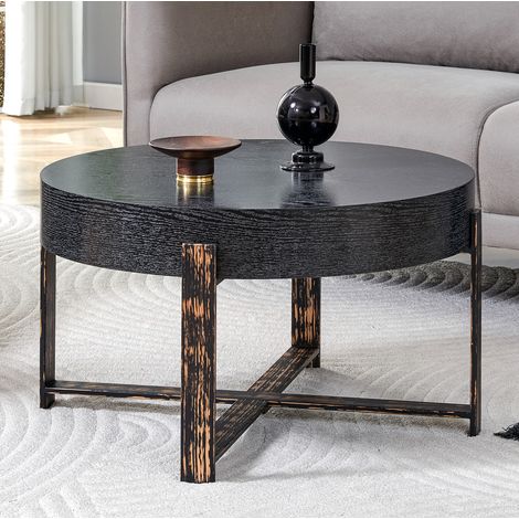 Tavolino rotondo nero Ø 68 cm in MDF e metallo, struttura incrociata HAVRYA (1/5)