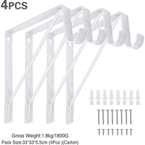 Juego de 4 soportes para percheros de alta resistencia de 28 x 240 x 3 cm, ganchos de soporte de pared blancos para estantes y barras con tornillos (280 x 240 x 3 mm - D x A x P)