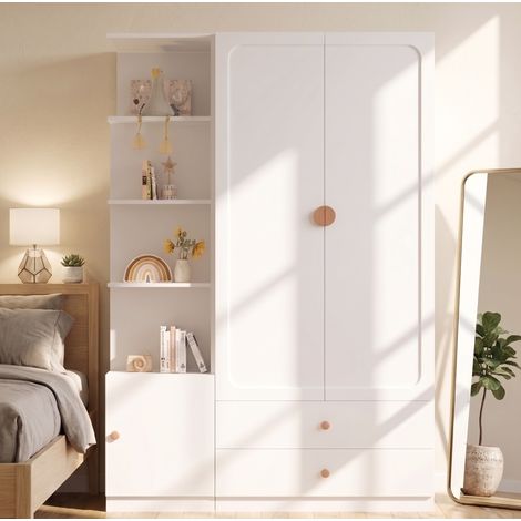 Armadio guardaroba 135x45x200 cm, 2 appendiabiti e 2 cassetti, MDF legno massello acciaio bianco (1/5)