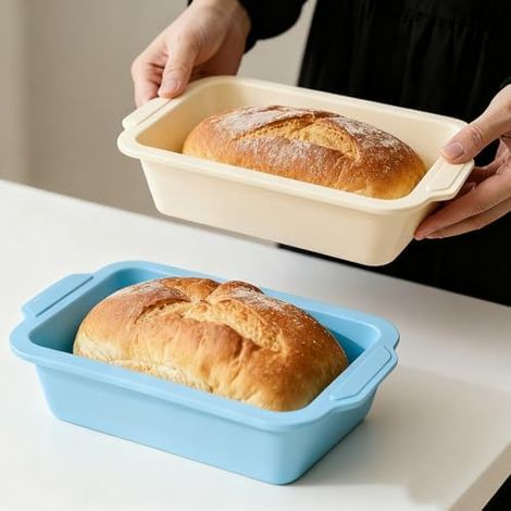 2-Stück Silikon Brotbackform Kasten: Kastenform mit Metallrahmen 29.6x15.5x6.6cm - Antihaft Backform Rechteckig für Brot Backen - Brotform zum Kuchen/Toastbrot (Mintgrün & Beige)