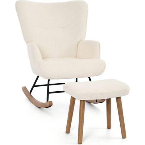 GOEURVANT - Ergonomic Rocking Chair with Footstool - Cream - Teddy Fabric - High Backrest & Silent Rocking Function (1/5)