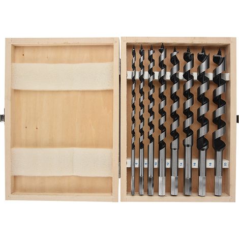 Coffret de 8 mèches à tarière en acier au carbone, queue hexagonale usinée, coffret en bois. (1/5)