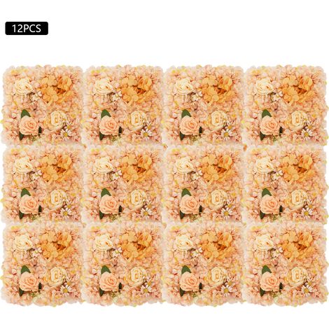 Lot de 12 panneaux muraux de fleurs artificielles couleur champagne, mur de fleurs en soie, décoration murale florale, fond photo pour mariage, baptême, fête, vitrine, cérémonie et événement - 38x38 c (1/5)
