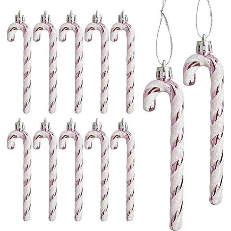 Un lot de 12 bâtonnets décoratifs en plastique pour sapin de Noël, à suspendre, décorations pour sapin de Noël (rose). (1/3)