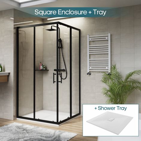 NRG Square Black Sliding Doors Corner Entry Shower Enclosure Bathroom Cubicle 1000 x 1000mm & White Shower Tray (1/5)