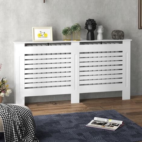 Cache-radiateurs à lattes avec étagère porte-objets, en bois, 152x19x81 cm, Blanc (1/5)