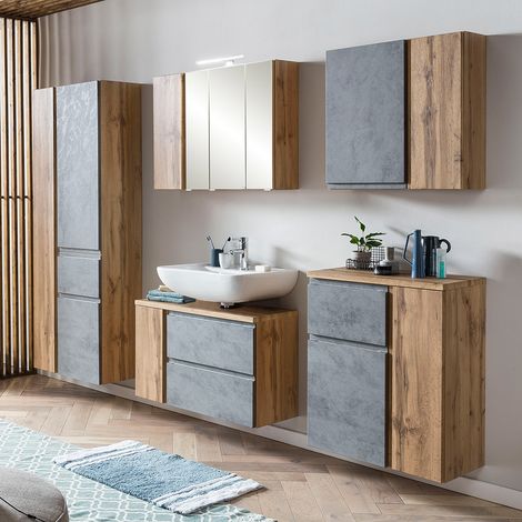 Badezimmer Möbel Set, stehend oder hängend, in Wotan Eiche Nb. mit Beton Optik, VASTO-03-CONCRETE, B/H/T ca. 245/200/35 cm (1/5)