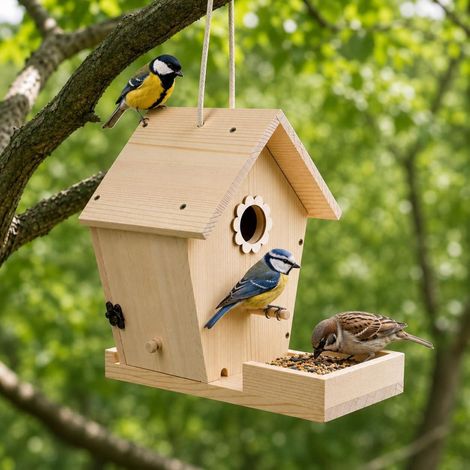 Vogelhaus Bausatz aus unbehandeltem Holz, Nistkasten & Futterstation für Singvögel