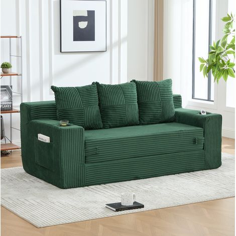 Canapé modulable 2 places en tissu vert émeraude 172 x 87 x 64 cm, assise en mousse, accoudoirs avec porte-gobelets et poches latérales – de FLORAGRACE (1/5)