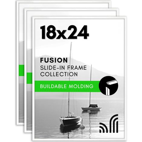 Lot de 3 cadres pour affiche 45,7 x 61 cm avec couverture avant polie – Cadre photo coulissant avec moulage à construire – Collection Fusion – Cadres photo pour affichage mural – Blanc (1/5)