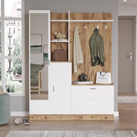 Cotecosy – Ensemble de meubles d'entrée avec miroir – Rangement à chaussures et porte-manteaux – Dimensions 140 x 36,8 x 181,8 cm – Design contemporain (1/5)