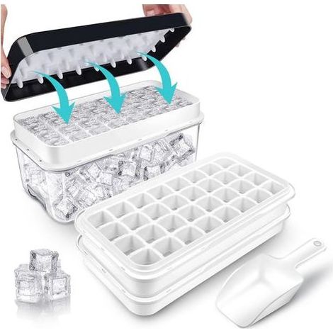 Eiswürfelform für den Gefrierschrank mit Deckel und Auffangbehälter, geeignet für 64 Eiswürfel, leicht zu entriegeln, mit praktischem Auffangbehälter, ideal zum Kühlen von Cocktails und Whisky. (1/5)