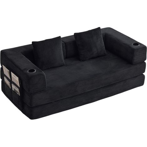 Sofá cama plegable de suelo de pana negra con reposabrazos y portavasos (1/5)