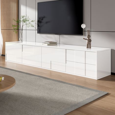 DESMIU Meuble TV avec 3 portes et 2 tiroirs, sans poignées, pour salon, en MDF, blanc (1/5)