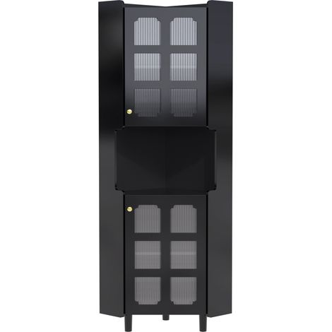 Eckschrank mit 2 Turen, 1 Offenem Fach und LED, Lackiert, fur Wohnzimmer oder Bad, aus MDF, Schwarz (1/5)