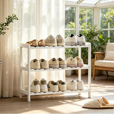 Meuble à chaussures 3 niveaux en bois et MDF 70 x 26 x 57,5 cm blanc HAVRYA (1/5)