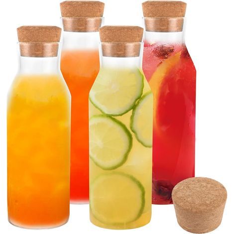 Lot de 4 Carafe en Verre, Bouchon en Liège, Verre Borosilicate, 1,2L, pour Réfrigérateur, Fête (1/5)