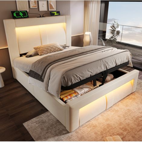 Bett 90x200 Stauraum LED Samt Beige Hydraulik HAVRYA (1/5)