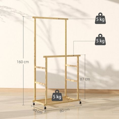 Portant roulant en bambou, penderie mobile avec barre et étagère pour chaussures, 80x40x160 cm, finition naturelle, rangement polyvalent. (1/5)