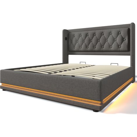 Cama doble 160x200 cm gris de algodón con arcón hidráulico, LED 3 lados y USB-C (1/5)