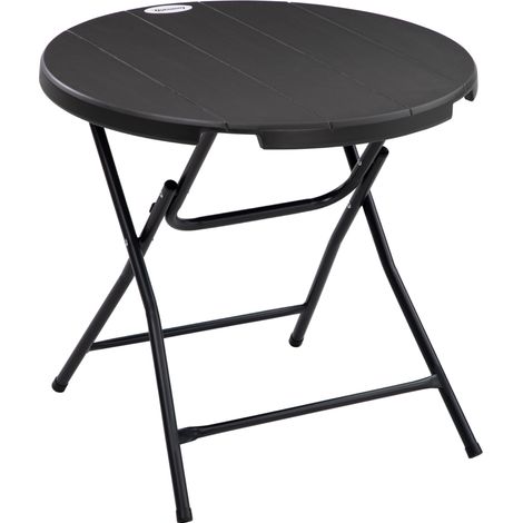 Table ronde pliante pour extérieur 4 personnes Ø80 cm en HDPE effet bois, cadre acier, gris foncé (1/5)