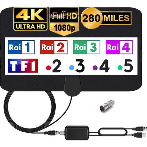 Antenne TV Interne avec amplificateur Signal antenne HDTV pour DTT DVB-T/DVB-T 2 avec câble de 4,4 m, antenne fenêtre pour réception TV numérique HD/VHF/UHF/FM (1/5)