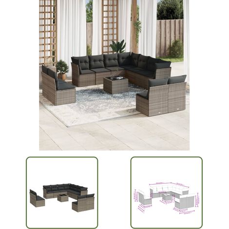 The Living Store 12-tlg. Garten-Sofagarnitur mit Kissen Grau Poly Rattan - Gartenmöbel - Outdoor Möbel - Rattan Sofa - Lounge Set - Esstisch (1/3)