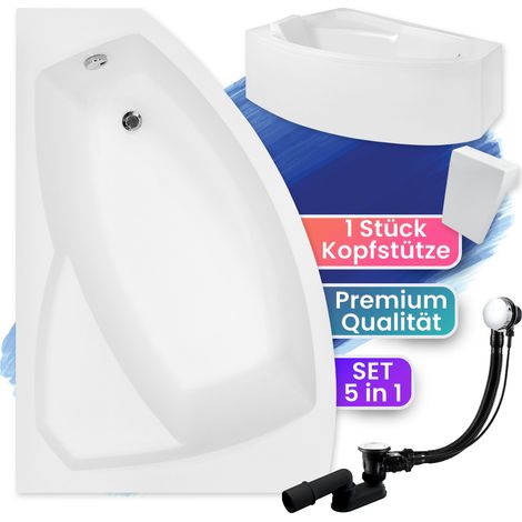Badewanne Eckbadewanne 170x110 Links mit AcrylSchürze + Kopfstütze, Ablaufgarnitur & Füßen GRATIS - Komplettset 5in1 - Made in EU - BADLAND RIMA