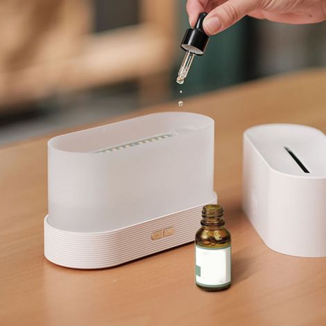 Diffuseur d'huiles essentielles à effet flamme 3D ultrasonique, silencieux et portable, pour le bureau et la maison (blanc). (1/5)