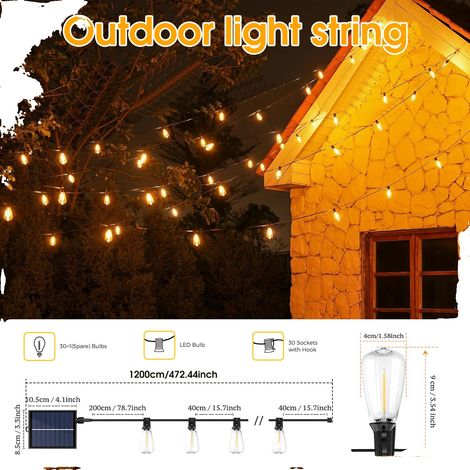 Guirnalda de luces solares, impermeables, regulables, 12 m, 30 bombillas. (1/2)