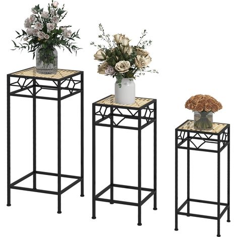 3-Tlg. Pflanzenständer Stapelbarer Blumenhocker Blumentopfhalter Mit Rattanoptik Pflanzenhocker Für Garten Balkon Metall Gold