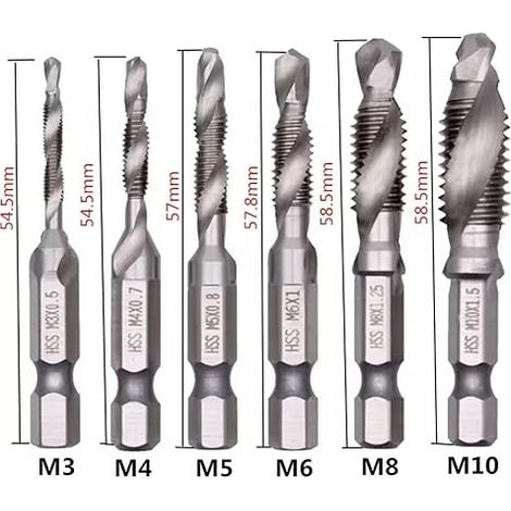 tarauds combinés tige hexagonale, M3 x 0,5/M4 x 0,7/M5 x 0,8/M6 x 1,0/M8 x 1,25/M10 x 1,5 acier, perçage taraudage, métal, bois (1/4)