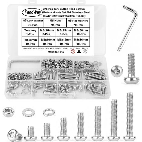 276 Pièces Vis à Métaux et écrous,M5 Vis à Tête Ronde Torx,Boulon et écrous Rondelles,Boulons Tete Bombée Entièrement Filetées en Acier Inox 304 Avec Clé T25 (1/5)