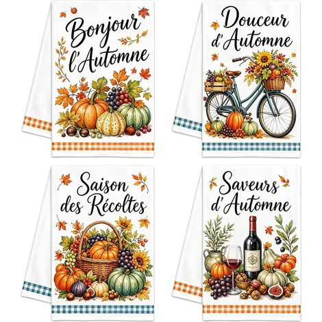 4 Pièces Torchon Automne Motif Citrouille et Vélo 60x40cm (1/5)