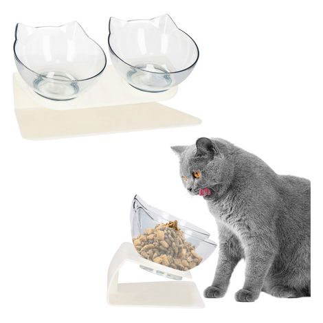 Doppia ciotola con supporto antiscivolo trasparente per cane e gatto.