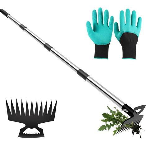 Outil de désherbage multifonctionnel avec long manche et gants antidérapants, râteau à 11 dents, houe de désherbage pour pelouse et jardin (1/5)