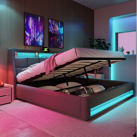 Cama tapizada 140x200 cm gris estilo vintage moderno con cabecero USB, LED, arcón elevable y colchón