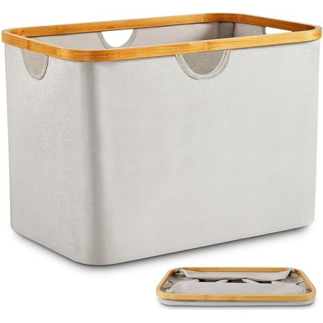 Panier à linge pliable 68L beige tissu bambou avec poignées (1/5)