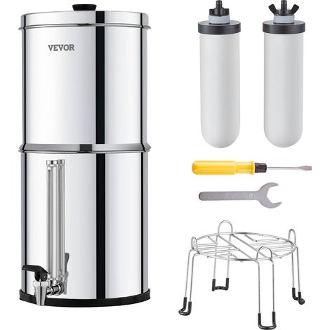 VEVOR Sistema di Filtraggio Acqua a Gravita Sistema da Banco in Acciaio Inox Sistema Filtraggio Acqua 7,8+8,5 L, Riduce Piombo e Cloro, con 2 Filtri al Carbone Ceramico e Rubinetto Camper Campeggio