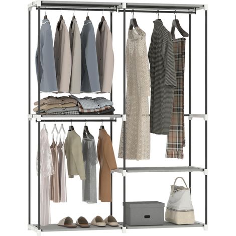 Armoire ouverte avec 4 étagères en tissu, 3 trengles, structure en métal, 142 x 43 x 185 cm, gris clair